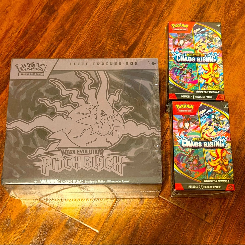 Pokémon TCG Mega Evolution Pitch Black ETB + 2 Chaos Rising Booster Bundles